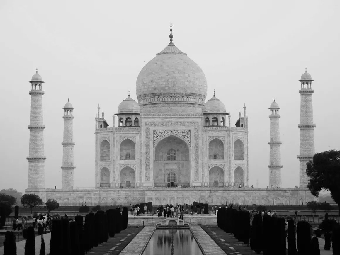 Black and white photograph of the Taj Mahal, Agra, India