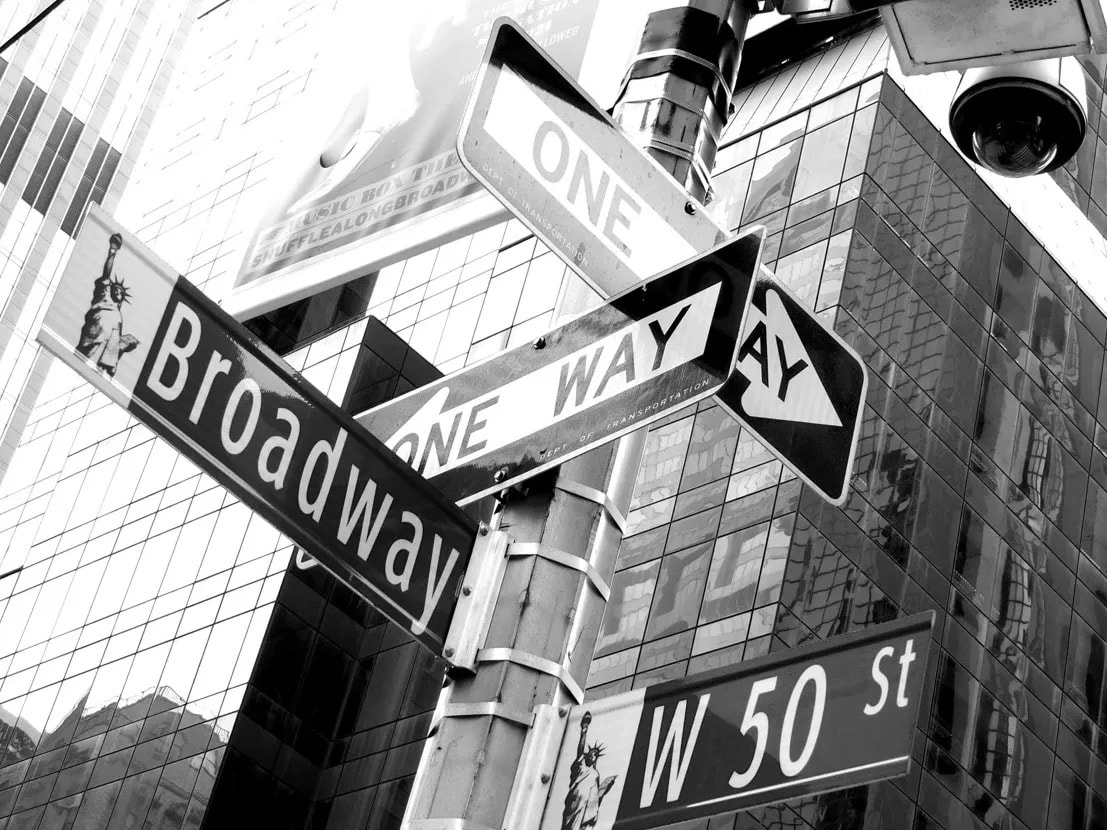 Black and white street signs at Broadway and West 50th Street, New York City