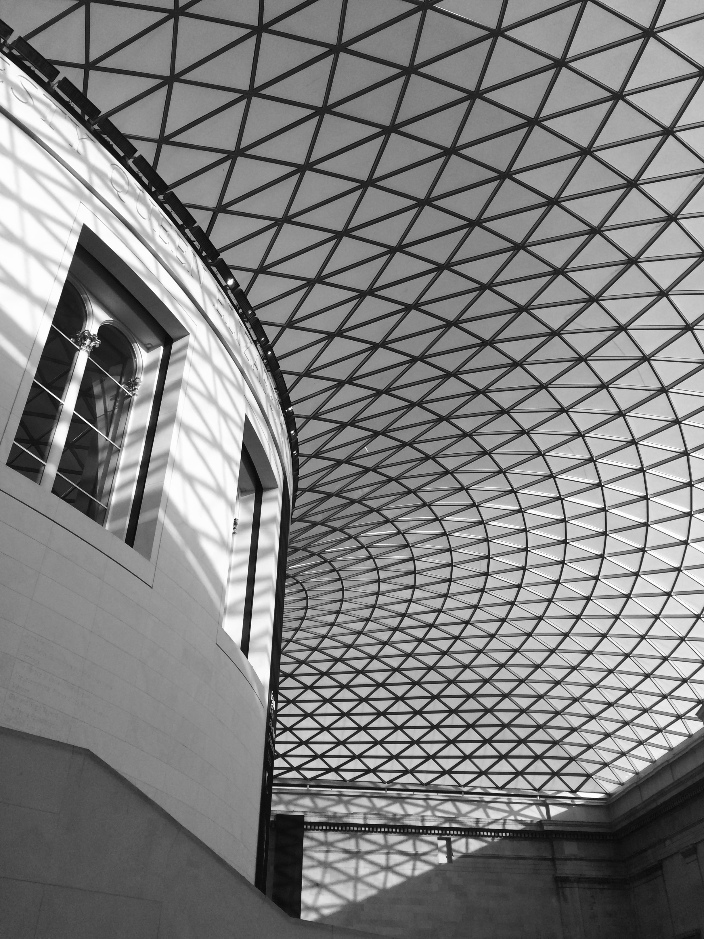 Black and white geometric glass ceiling of the British Museum Great Court, London